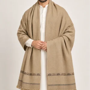 Man wearing the beige pure wool shawl draped over both shoulders with white shalwar kameez