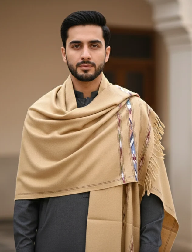 Man wearing a camel angora shawl with a black waistcoat