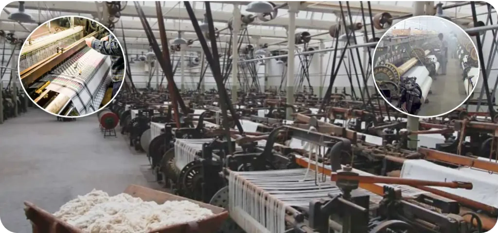 Power looms weaving shawls at the MK Shawls factory